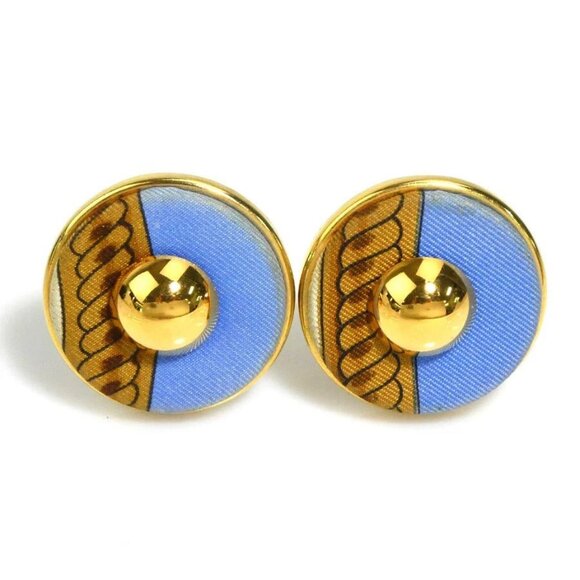 HERMES Clip on Earrings Gold/Blue/Brown Metal/Silk - Picture 1 of 9